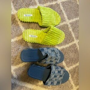 Like green sandals and jean pattern sandals